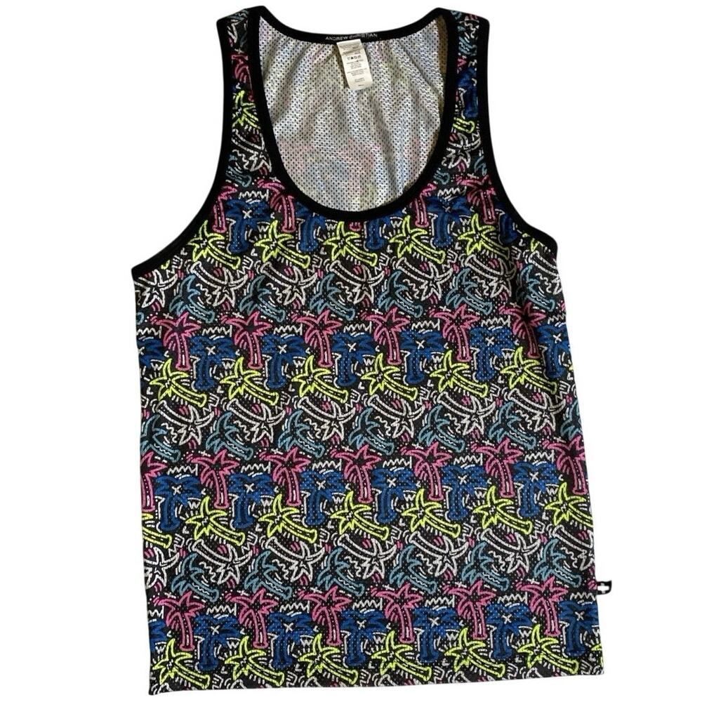 Mens Andrew Christian Neon Palm Mesh Tank Small